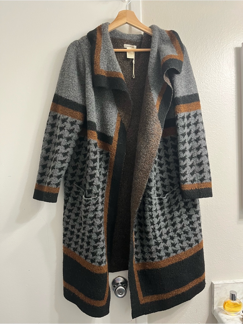 Max Studio Gray & Brown Houndstooth Open-Front Long Cardigan